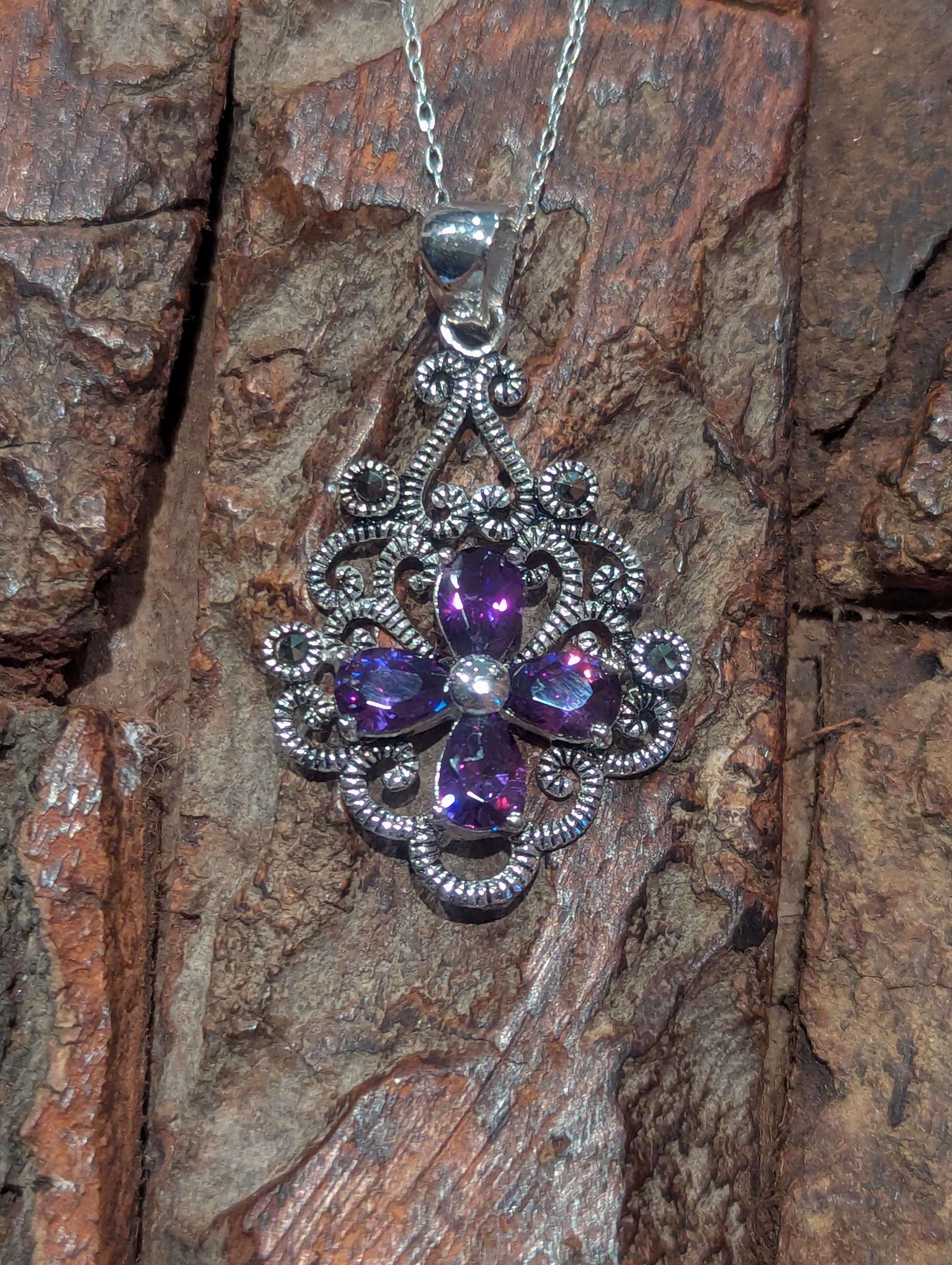 Vintage Style Sterling Silver 18" Necklace Amethyst Flower Pendant - Etsy
