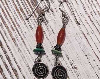 Vintage Carnelian Turquoise and Sterling Silver Boho Earrings