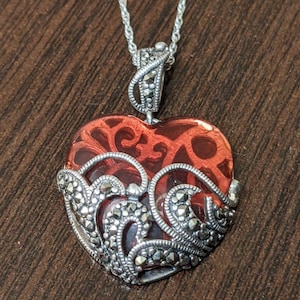 Sterling Silver, Marcasite, and Red Heart Necklace