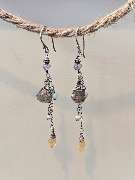 Sterling Silver Multi-Gemstone Dangle Earrings