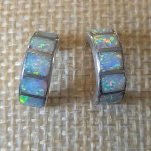 Vintage Sterling Silver Opal Inlay Half Hoop Earrings