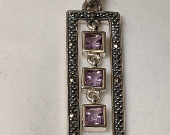 Vintage Art Deco Sterling Silver, Marcasite, and Amethyst Pendant Necklace