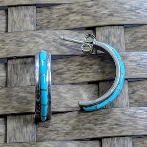 Vintage Sterling Silver Half Hoop Earrings with Turquoise Inlay Signed SK