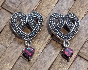Vintage Sterling Silver Marcasite and Garnet Heart Drop Earrings