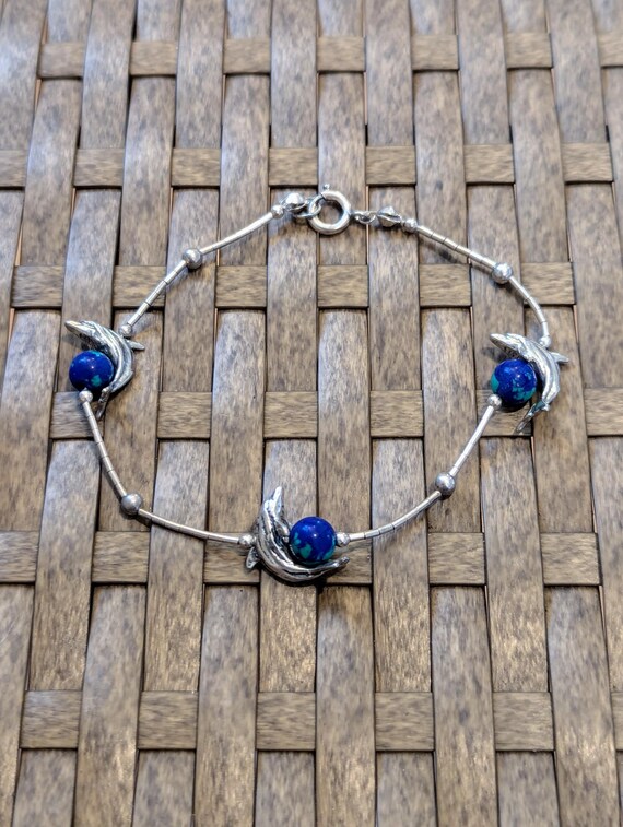 Vintage Sterling Silver Dolphin Beaded Azurite Blue Green World Gem Stone Spheres Bracelet