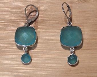 Vintage Aqua Chalcedony and Sterling Silver 925 Faceted Square and Circle Earrings