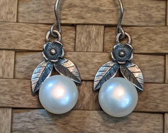 Sterling Silver Didae Israel Flower and White Fresh Water Pearl Dangle Earrings