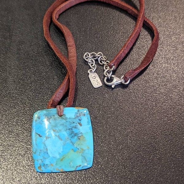 Peyote Bird Leather, Turquoise and Sterling Silver Necklace