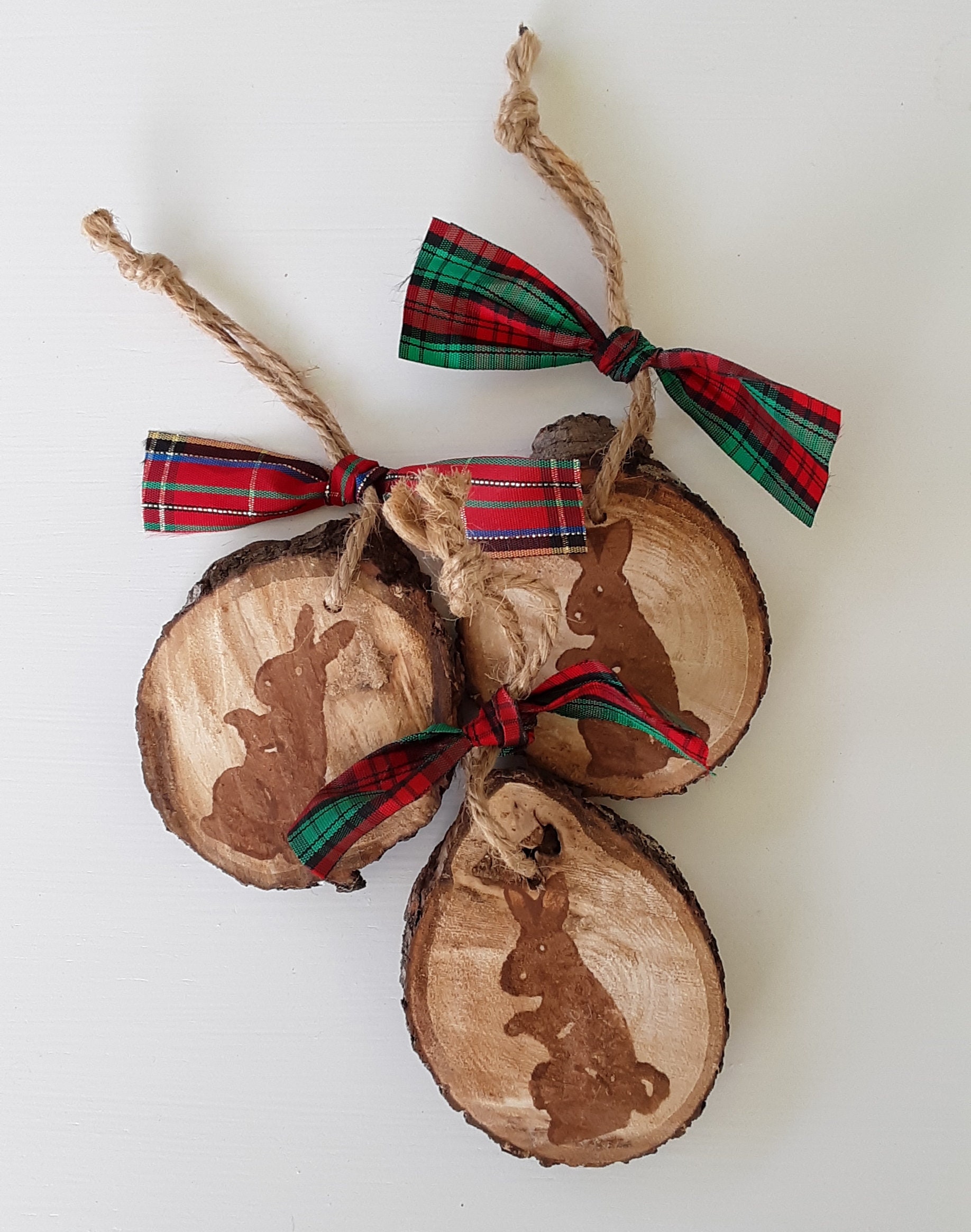 Handstamped Rabbit Rustic Wood Ornament with Red Green Etsy