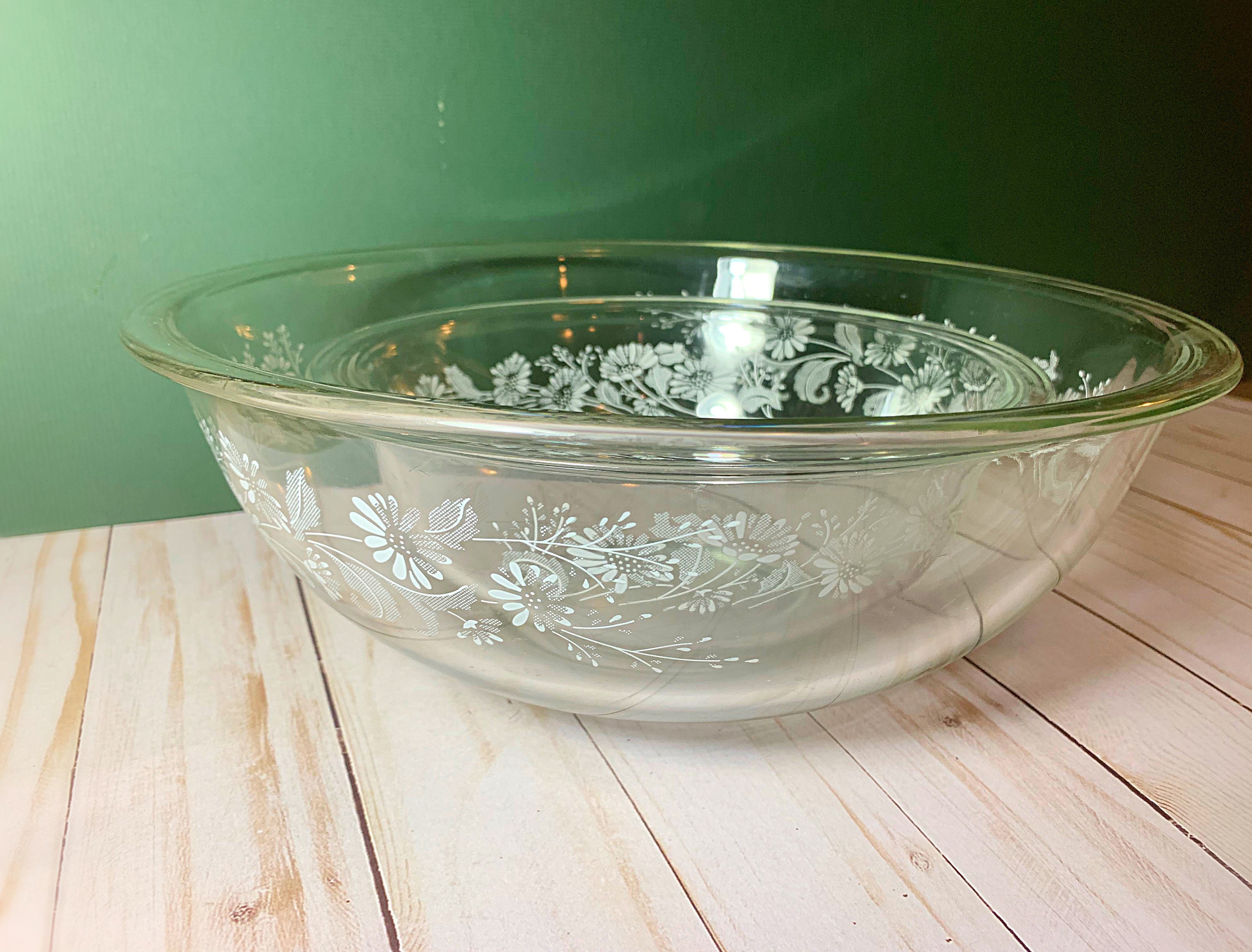 Set of 3 Vintage Clear Glass Nesting Bowls with Blue Green Floral Pattern