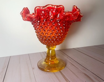 Vintage Fenton Amberina Hobnail crested compote pedestal dish