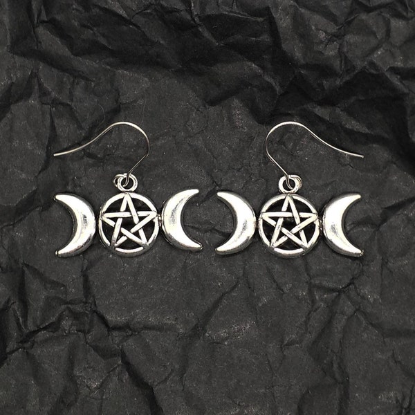 Moon pentagram gothic earrings with stainless steel hook silver