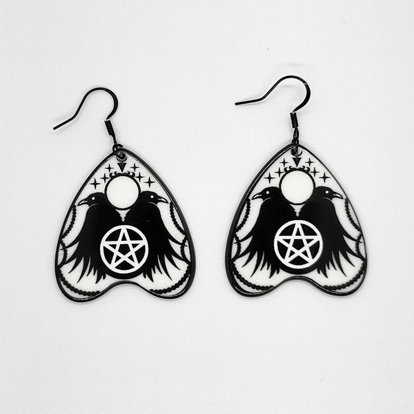 Ouija planchette earrings made of stainless steel and acrylic - Gothic jewelry - Goth accessories - raven bird animal motif