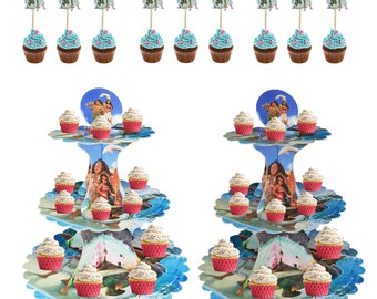 2 Moana 3 Tier Cupcake Stand | Moana plus  (10pcs) Cupcake Topper | Great for Moana Birthday Party | Moana Birthday Decorations | Moana Cake