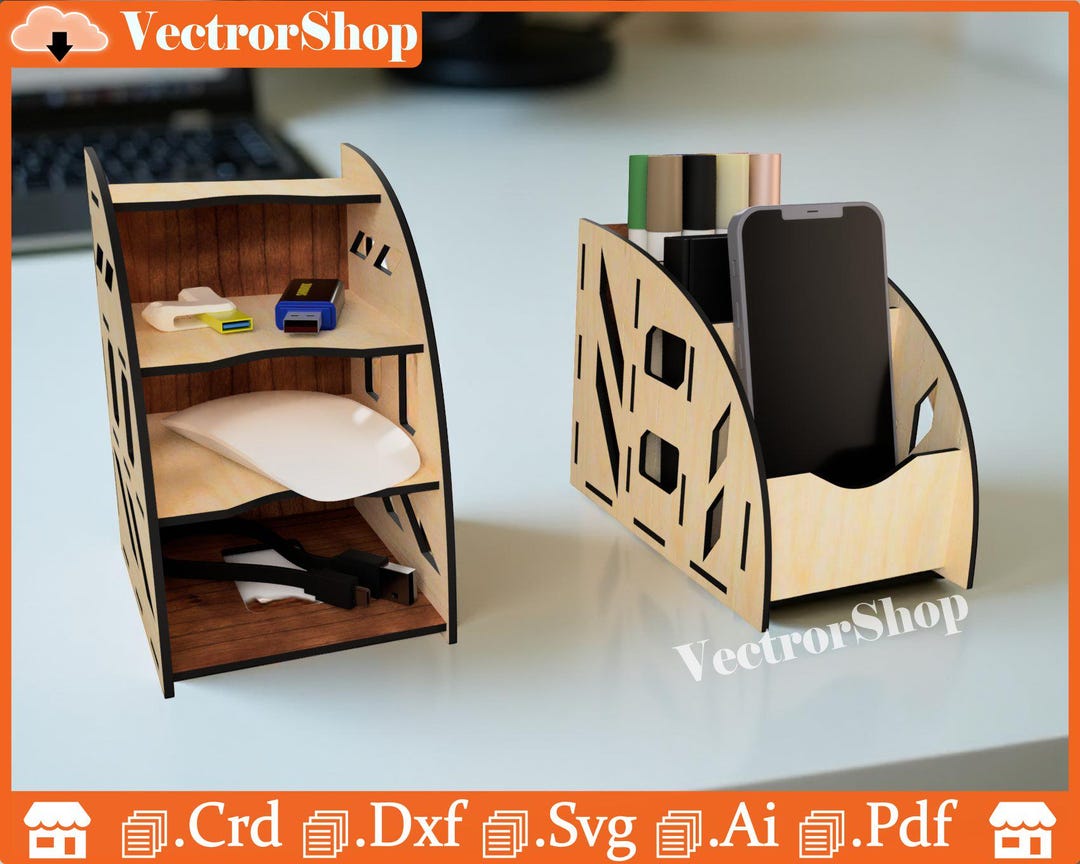 Laser Cut Desk Organizer SVG | Modern Wooden Office Storage CNC Files ...
