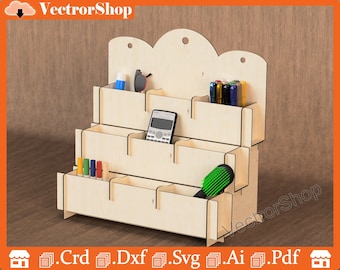 Stand with compartments / Laser art for objects / Storage and support of objects / Decoration / Three-story stand