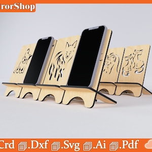 Soporte para teléfono móvil, Figuras para soporte de teléfono móvil, Organizadores para teléfono móvil, Arte láser, Archivos Cnc, Crd Ai Pdf Svg Dwg Dxf