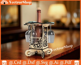 Caja de vino cortada con láser con soporte para copas, archivos CNC (descarga digital)