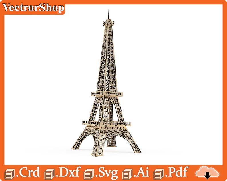 Puede incluir: Un modelo detallado de la Torre Eiffel, un famoso monumento en Par&iacute;s, Francia, cortado con l&aacute;ser. El modelo est&aacute; hecho de madera y est&aacute; listo para ser ensamblado. El modelo se muestra sobre un fondo blanco.