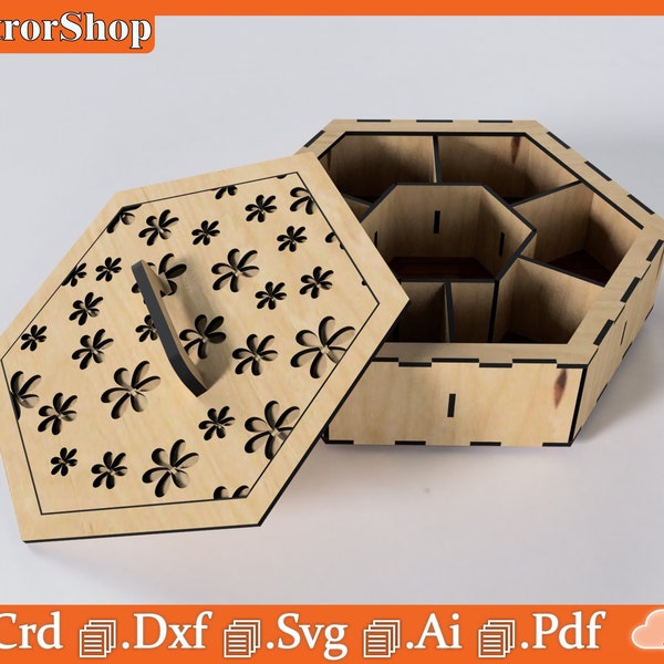 Hexagonal box with compartments for Laser CNC cut / Small object warehouse / Organizer with compartments / Art CNC Laser / Digital files