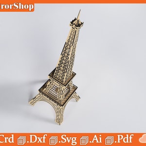 Puede incluir: Un modelo de madera de la Torre Eiffel cortado con l&aacute;ser. El modelo est&aacute; detallado con dise&ntilde;os intrincados y est&aacute; listo para ser ensamblado. La imagen incluye los tipos de archivos disponibles para descargar: .Crd, .Dxf, .Svg, .Ai y .Pdf.