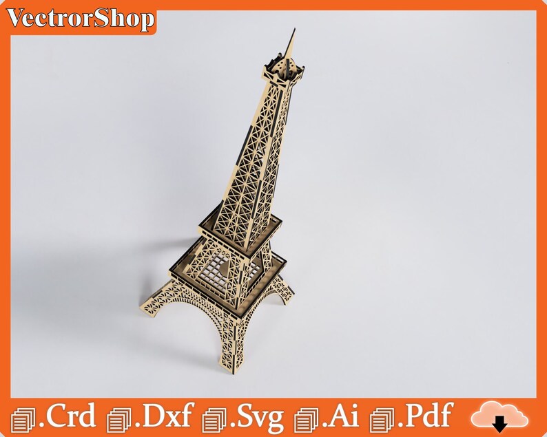 Puede incluir: Un modelo de madera de la Torre Eiffel cortado con l&aacute;ser. El modelo est&aacute; detallado con dise&ntilde;os intrincados y est&aacute; listo para ser ensamblado. La imagen incluye los tipos de archivos disponibles para descargar: .Crd, .Dxf, .Svg, .Ai y .Pdf.