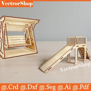 Swing and Slide for laser cutting / Miniature playground sets / Wood cutting garden decorations / Cnc laser cutting decorations / Dolls
