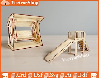 Swing and Slide for laser cutting / Miniature playground sets / Wood cutting garden decorations / Cnc laser cutting decorations / Dolls