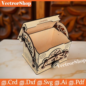 Caja de engranajes mecánica cortada con láser / Diseño decorativo de madera estilo Steampunk en formato SVG (descarga digital)
