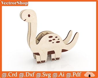 Organizador de bolígrafos en forma de dinosaurio para corte láser, svg, pdf, dxf, ai, crd, para madera de 3 mm para máquinas láser cnc. Archivos Glowforge, arte cnc, caja