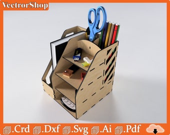 Pequeño organizador para escritorio, Diseño para estante de madera, Vectores para corte láser, Estante para objetos de escritorio, Plantillas láser Dxf Dwg Ai Pdf Svg