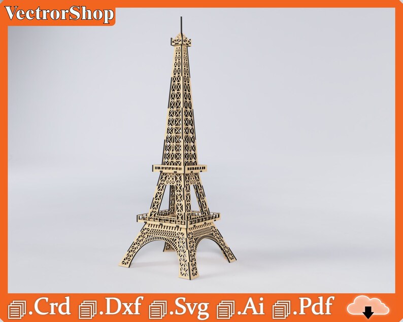 Puede incluir: Un modelo de madera de la Torre Eiffel, un famoso monumento de Par&iacute;s, Francia. El modelo est&aacute; hecho de madera cortada con l&aacute;ser y est&aacute; dise&ntilde;ado para ser ensamblado. El modelo se muestra sobre un fondo blanco.