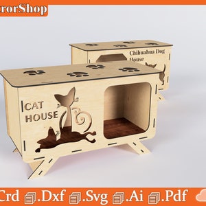 Casa para gatos para corte láser, Casa para perros para corte CNC, Casa para mascotas, Caja para cortar con láser cnc, Vectores cortados con láser, Caja para corte láser
