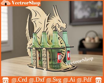 Archivo de corte láser para soporte de seis paquetes con diseño de dragón (descarga digital)