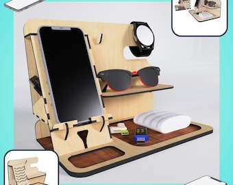 Table organizer to possess the cell phone / glasses support / clock / vectors for laser cutting / CNC templates for laser cutting