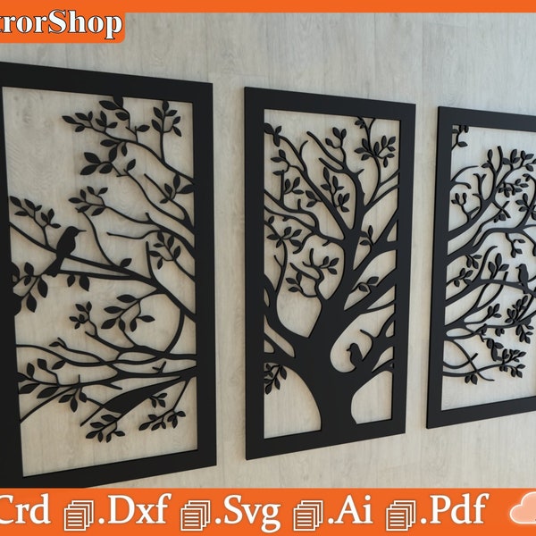 Decoración de interior para cnc / Cuadros de pared / Arbol de tres cuerpos  para corte laser / Cuadro alusivo a la primavera y la naturaleza