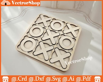 Laser Cut Tic-Tac-Toe Board Game - CNC Project (svg, pdf, dxf, ai, crd)