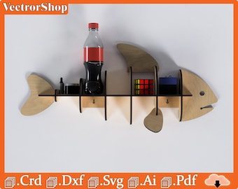 Fish -shaped shelf / decorative organizer / vector of a wall fish / animal vectors for CNC laser cutting / Files cnc Crd Ai Pdf Svg Dfx Dwg