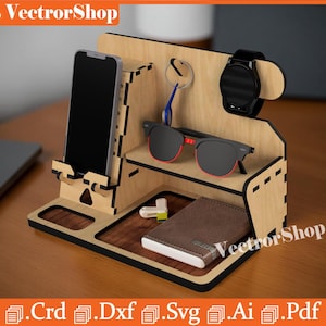 Organizador de mesa cortado con láser SVG, soporte para teléfono, soporte para gafas (archivo digital)