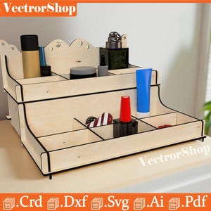 Soporte de maquillaje cortado con láser en formato SVG y DXF, organizador de cosméticos escalonado (descarga digital)
