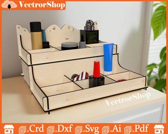 Supporto per trucchi tagliato al laser SVG DXF, organizer cosmetico a più livelli (download digitale)