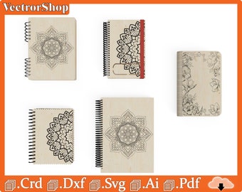 Wooden notebook, notebook cover, Notebook mandalas Svg File, GlowForge Notebook Svg File, Cricut SVG File Notebook, editable vector