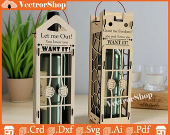 Gevangen wijnkist lasergesneden bestanden, 750 ml wijncadeau (svg, dxf, pdf)