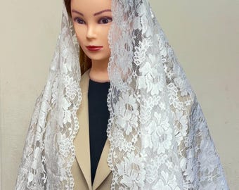 White Lace Chapel Veil Mantilla, Soft French Floral Lace, Latin Mass Scalloped Edge