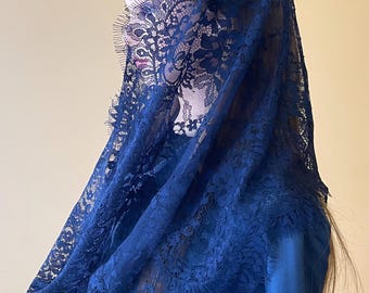 Blue French Lace Chapel Veil, Infinity Mantilla Veil