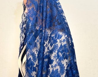 Navy Blue Floral Lace Chapel Veil, Handmade French Lace Mantilla
