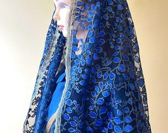 High quality soft floral embroidery French lace infinity veil mantilla, chapel veil