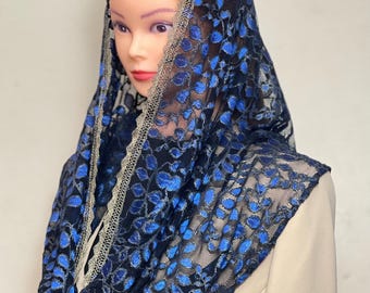 Velo de capilla de encaje Chantilly francés azul, mantilla floral