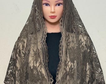Handmade Brown French Lace Chapel Veil Mantilla: D Shaped, Scalloped Edge