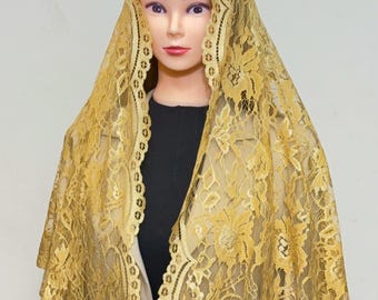 Golden French Lace Chapel Veil Mantilla: D-Shape, Floral Lace Edge